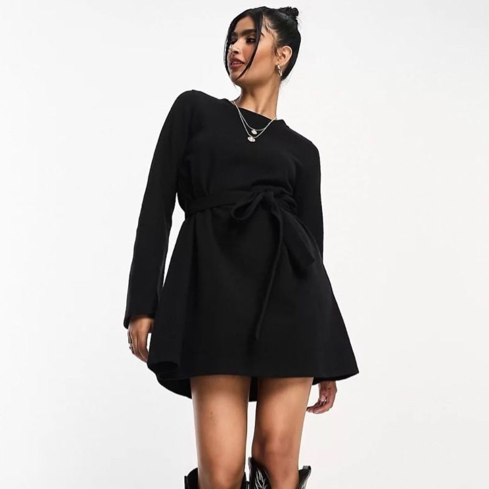 Mini Black Dress with Belt | Size US 0 | NWOT | Soft & Chic | Long Sleeve